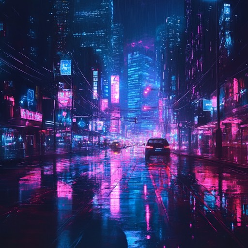 Imagine wandering through a neon lit futuristic cityscape where every corner reveals a new electronic rhythm amidst the rain. Hypnotic synths create a pulsating, energetic backdrop that propels you through this dystopian urban experience.