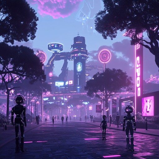 An engaging and spirited cyberpunk track with catchy and playful synth melodies, supported by energetic rhythms, depicting a joyride through a futuristic city filled with neon lights and robotic companions.