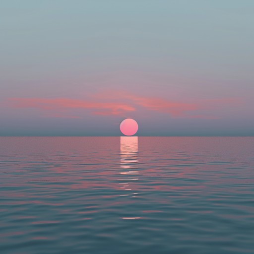 As the sun slowly descends into the horizon, gentle waves lap at the sandy shore, creating a soothing and serene atmosphere. The golden hues of the sky blend with the calm blue of the ocean, painting a picture of tranquility. The soft sound of the waves and distant seagulls adds to the peaceful ambiance.