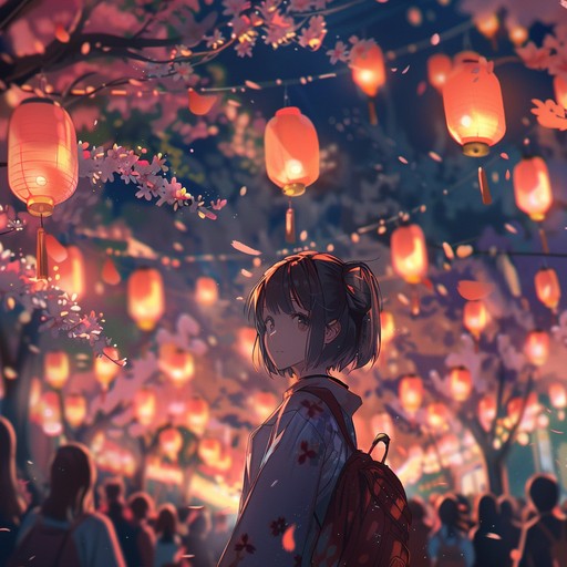 Energetic anime song combining traditional japanese sounds with modern beats, ideal for scenes depicting lively street festivals and carefree celebrations.