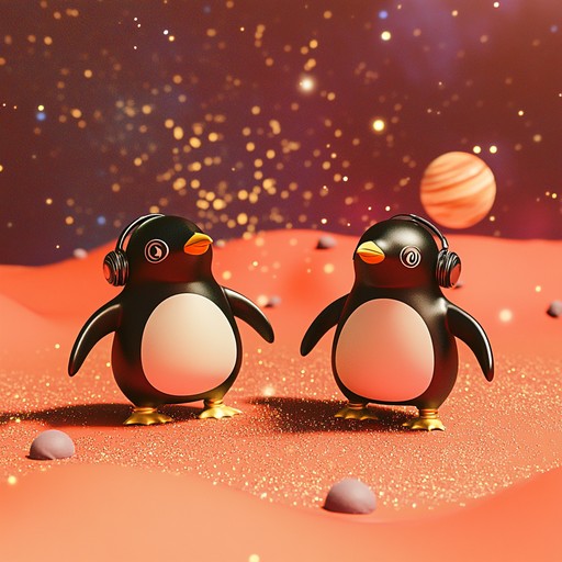 An amusing piece portraying penguins boogying on mars with playful cosmic sounds