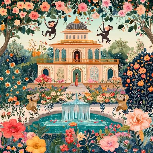 A vibrant instrumental piece blending traditional hindustani melodies to portray the playful mischief of monkeys in the serene mughal gardens.