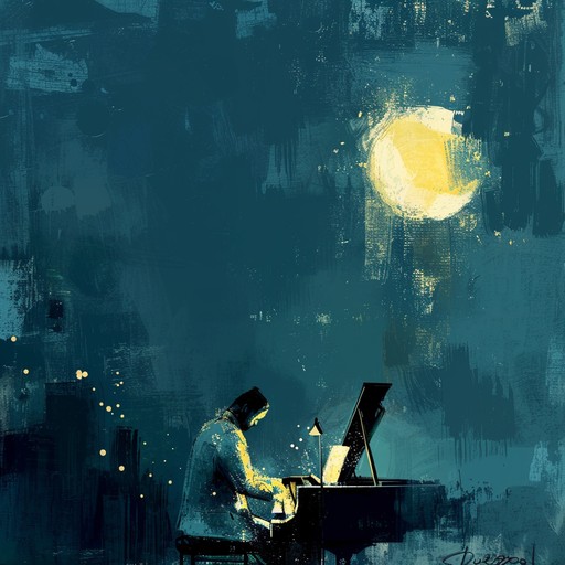 Imagine the soft clinking of glasses and the distant murmur of conversations as a saxophone serenades the city under the moonlit sky. This piece captures the essence of a reflective, intimate late-night jazz club atmosphere.