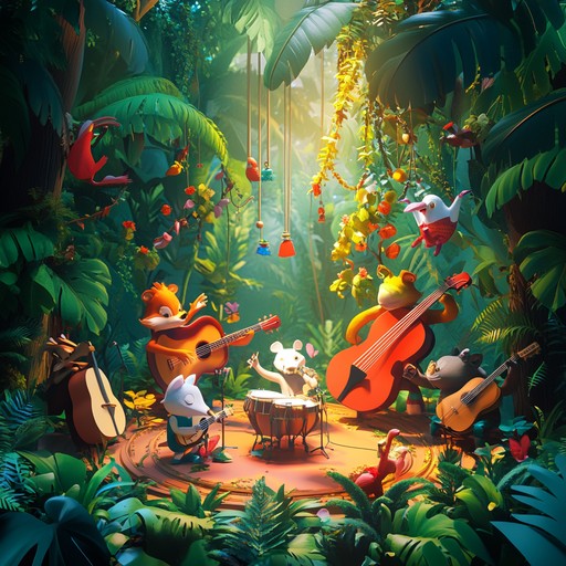 A lively instrumental piece that blends rhythmic drumming with melodic kalimba and flute, evoking the playful spirit of adventure within the depths of a vibrant rainforest. The song invites listeners on a joyful romp through lush greenery, guided by infectious beats and spirited melodies.