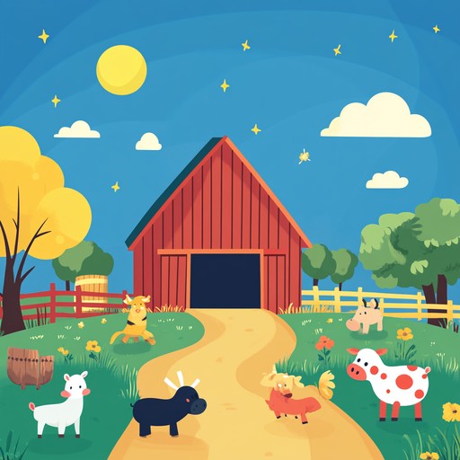 Picture a lively backyard barnyard scene with quirky, upbeat country music that captures the heart of a summer day. Playful melodies and catchy rhythms invite listeners to tap their feet and join the fun. Perfect for evoking joy, laughter, and outdoor adventures.