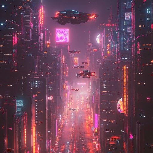 A high energy track combining sharp synths and heavy basslines, evoking a thrilling heist in a neon lit cyberpunk city. The dynamic composition features relentless rhythms, creating a sense of urgency and suspense. Electronic textures weave through the music, painting a dystopian, high stakes narrative.