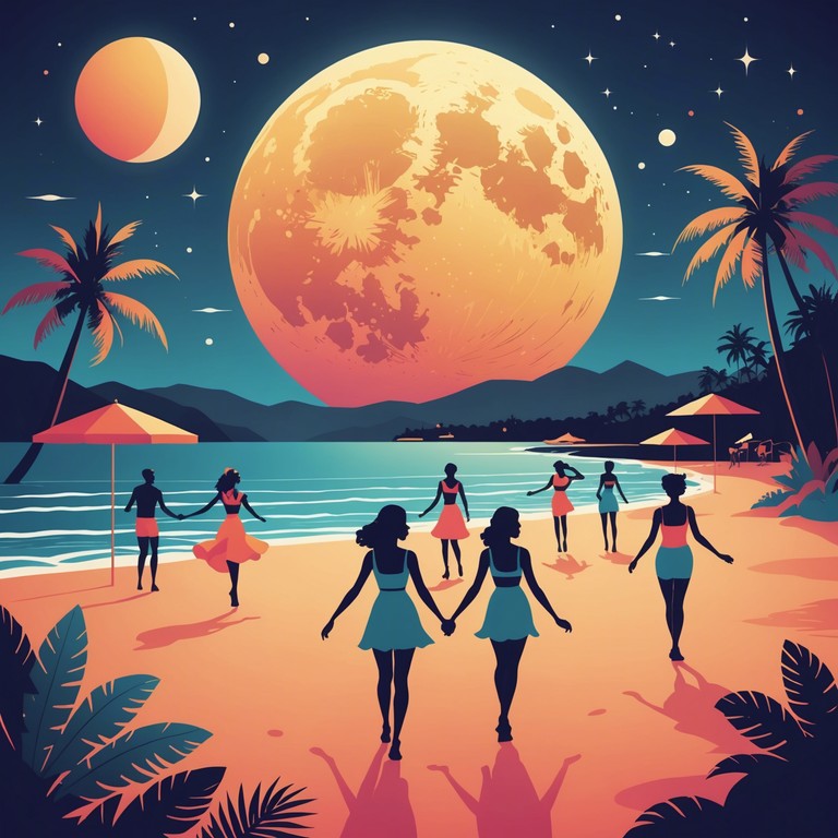 A seamless flow of rumba rhythms and tropical melodies perfect for an evening beach dance party, highlighting the joy and playfulness of night celebrations by the sea.