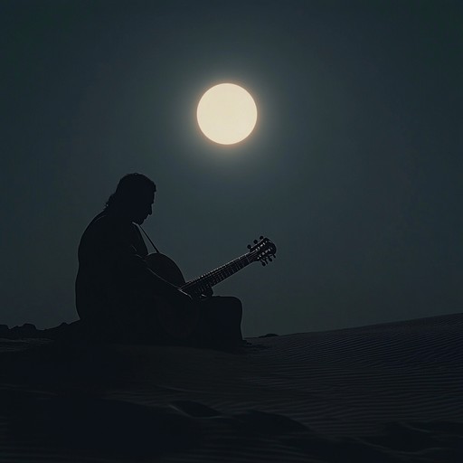 Imagine standing alone among the vast, cool sands listening to the music of the earth conveyed through the strings of an electric sitar, encapsulating the beauty and mystery of the desert at night.