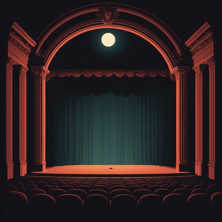 Imagine a scene in a haunted theater where each musical note echoes through the abandoned halls, synchronized with flickering lights and the soft whisper of curtains moving without wind. The music serves as a haunting backdrop to a ghostly dance on stage, rising in drama as shadows seem to come alive.