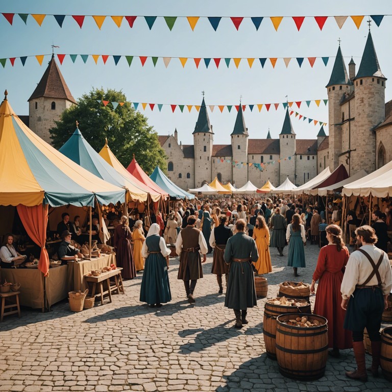 Picturing a vibrant day at an old medieval fair; the music echoes laughter, playful exchanges, and the old world charm of a bygone era.