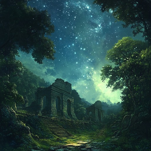 In this piece, the music transports the listener to a timeless, starlit environment where ethereal voices and subtle orchestral swells create a sense of peace and ancient wisdom. The track suggests a mystical connection with the cosmos, blending human emotions with the infinite. The experience is like wandering through an ancient site under an open starry sky, where each note resonates with echoes of the past and whispers of eternity.