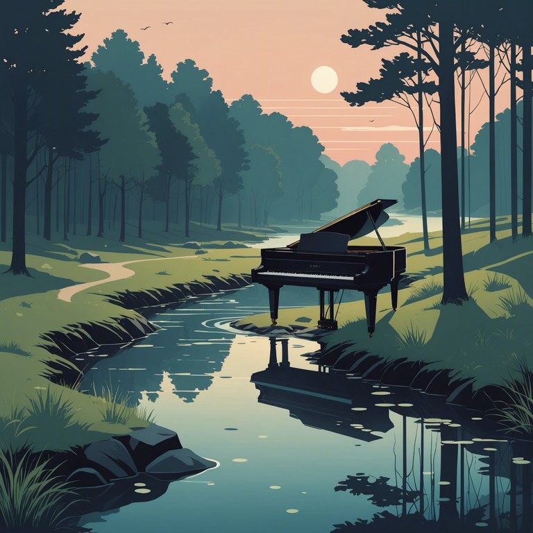 Imagine sitting beside a calm stream as the evening sun sets, with gentle piano tunes playing that complement the natural rhythm of the flowing water.