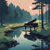 gentle piano and flowing water sounds.