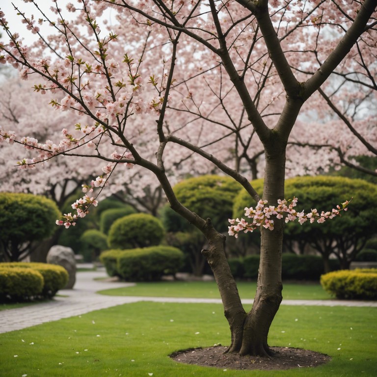 This instrumental track features a calming melody that embodies the tranquil scenes of a japanese garden in spring. The music flows gently, capturing the essence of sakura petals swaying in the wind, providing a peaceful and restorative listening experience.