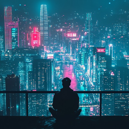 An immersive cyberpunk piece delving into a lone journey through neon lit cityscapes, blending atmospheric synths and haunting melodies to evoke isolation and reflection in a high tech world.