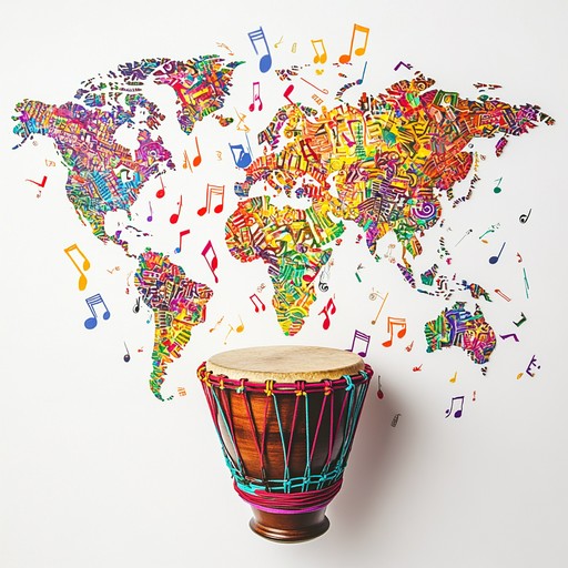 A vibrant instrumental piece that combines traditional rhythms from various global cultures, centered around the djembe, evoking a sense of unity and joyous celebration