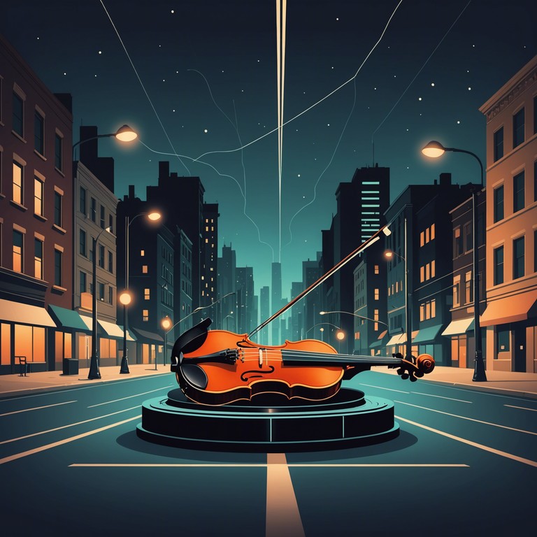 Imagine the elegant sound of a violin paired with powerful garage beats, echoing through an upscale, modern cityscape at night, the music dances between cultural sophistication and the vibrant, raw pulse of city life.