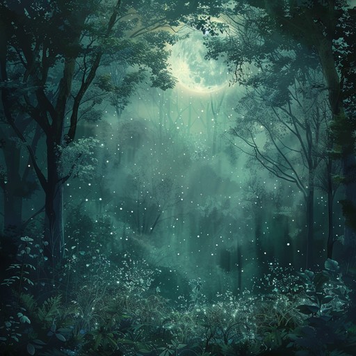 A delicate yet evocative composition featuring soft guitar melodies and ambient sound textures, painting a sonic picture of an otherworldly forest, bathed in moonlight and shrouded in mist.