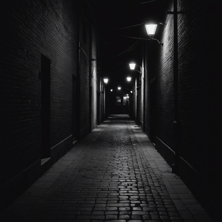 A rock track with an eerie atmosphere, enhanced by a menacing bassline that creates an unsettling feeling as if one is walking through a dimly lit alley at night. The melody intermittently spikes to mimic sudden shadows moving swiftly in the darkness, maintaining a constant feel of suspense and unease.