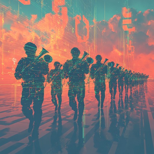 An instrumental composition that marries traditional military brass instruments with futuristic electronic elements, creating a dynamic and compelling march that evokes the spirit of valor and innovation. The piece starts with a solemn brass melody reminiscent of classic military anthems, gradually introducing electronic beats and synths, culminating in a powerful fusion that symbolizes the evolution of warfare and the bravery of modern soldiers.