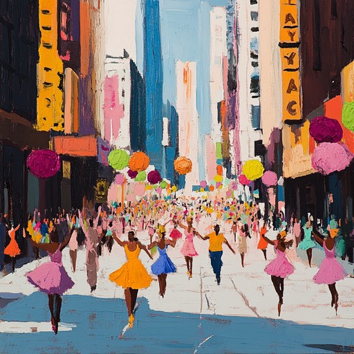 Picture a sun drenched broadway street filled with dancers and colorful floats, embodying the heart of a vibrant summer parade. This energetic composition should capture the hustle and bustle of the event, bursting with cheerful melodies and rhythmic beats, making the listeners feel as though they are right in the midst of the celebration