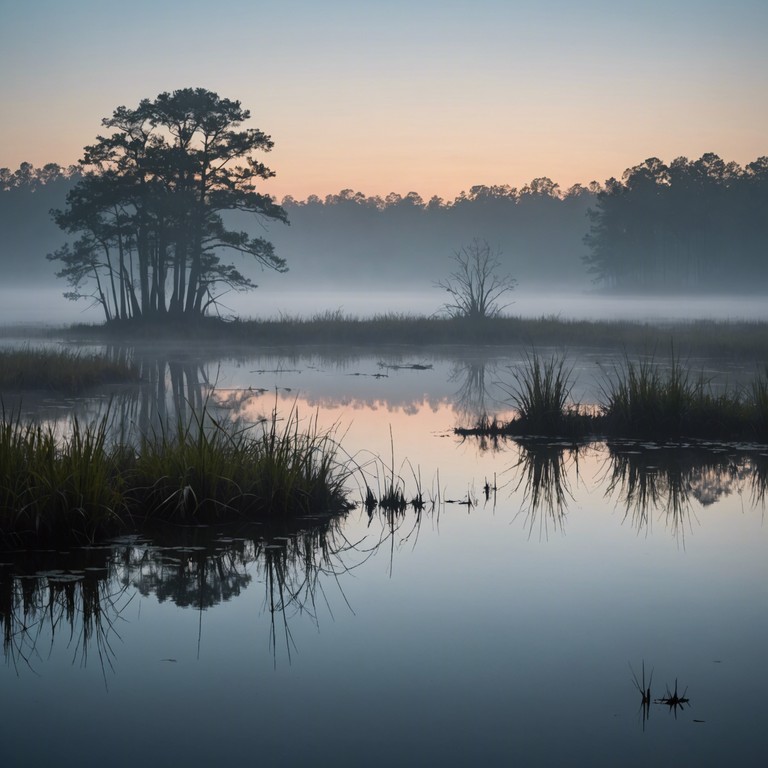 Picture a solo clarinet playing as dusk settles over the serene bayou, invoking the tranquility and mystic beauty of the natural world surrounding it. The music is both smooth and evocative, soothing yet filled with the richness of a hidden world.