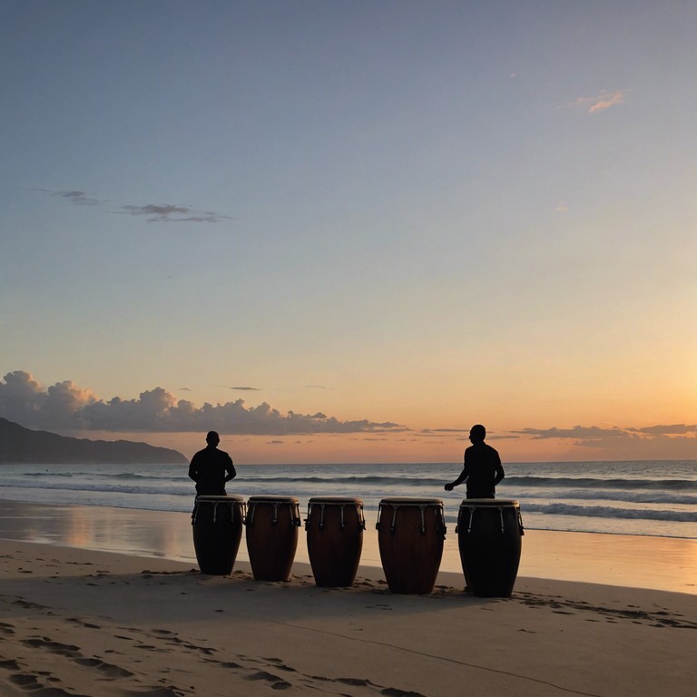 Imagine a serene soundscape where gentle afro cuban rhythms blend with the peaceful ambiance of a sunset on havana's coast. The music captivates with its smooth percussion beats, creating a tranquil mood that transports listeners to a relaxing caribbean evening. The congas carry the rhythm gently, melding afro cuban influences with a serene, atmospheric setting.