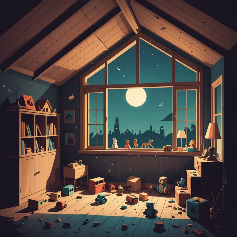 A track characterized by ghostly tunes using nostalgic, toy inspired sounds that evoke the haunting atmosphere of an old, forgotten playroom. Subtle, eerie noises intersperse with melodic interludes, as if plush toys are whispering secrets