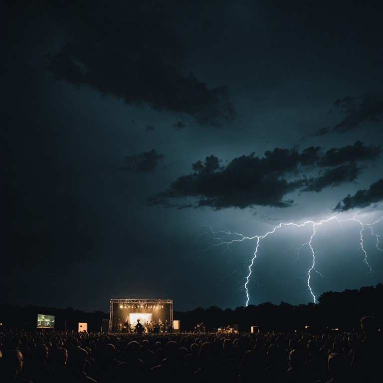 Imagine a scene set in a huge stadium, under the night sky lit by a spectacular lightning show, where every guitar solo pierces through the darkness like a bolt of lightning, energizing and awing the crowd.