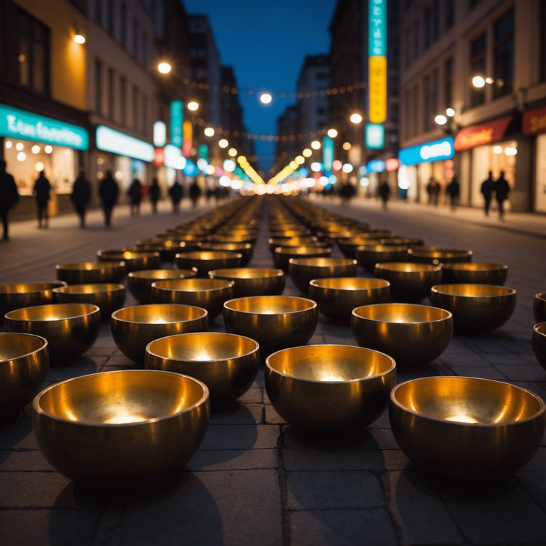 Transport yourself to a tranquil city night where every beat invites introspection and the melody carves a pathway towards personal peace in a modern world. Traditional tibetan singing bowls lead this journey, enriched by the vibrant bass of garage beats, offering both serenity and vibrancy in a single piece.