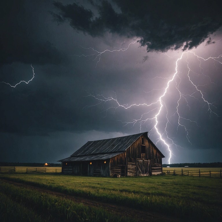 Envision a musical piece that embodies the tumultuous emotions of a looming storm in rural america, where every guitar strum sounds like thunder and the melody mimics the howling wind. The energy is relentless, mirroring the fury and intensity of nature intertwined with human emotion.