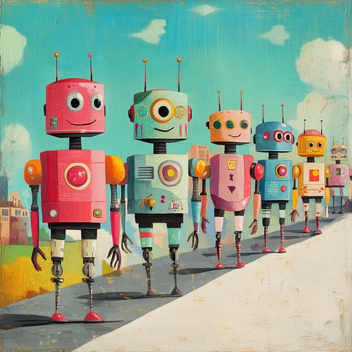 Imagine quirky robots bouncing down a colorful street in a lively parade. The music is eccentric, playful, and full of surprising twists and turns, featuring quirky synth melodies, bouncy beats, and whimsical sound effects. It's a joyful, weird, and utterly captivating soundtrack to an otherworldly celebration.