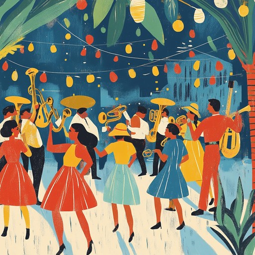 An energetic instrumental that captures the charm of summer gatherings from a bygone era, led by spirited brass sections and rhythmic beats. The composition evokes dancing and laughter under a sun filled sky, making listeners long for timeless joyful moments.