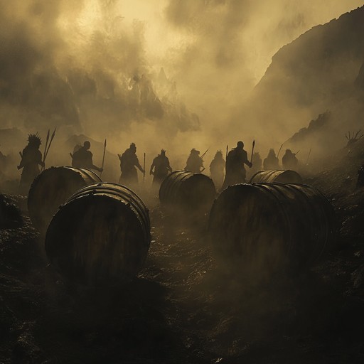 The relentless beat of ancient war drums echoes through time, capturing the fierce and primal energies of battle. The powerful rhythms, created with traditional percussion instruments, evoke scenes of warriors preparing for combat, their determination and adrenaline palpable. Each strike of the drum is a heartbeat in the rhythm of war, creating a soundscape that is both aggressive and enthralling.