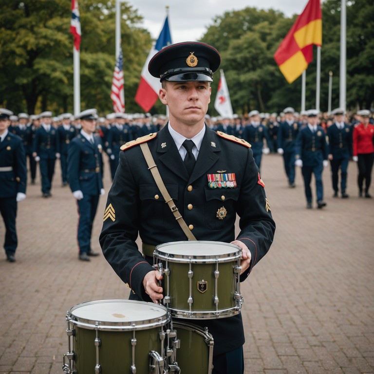 Combining the spirited rhythms of military marches with the soaring euphoria of orchestral sounds, this piece celebrates the grandeur of timeless valor and the relentless spirit of disciplined forces. Traditional military drums set a robust backbone, enriched by the expansive sounds of brass bringing a ceremonious aura.