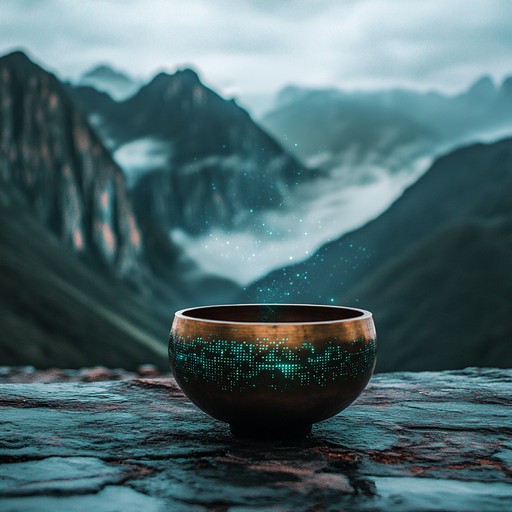 A serene exploration combining the tranquil resonance of tibetan singing bowls with the unpredictable rhythms of glitch electronica, creating an immersive journey through ancient spirituality and modern technology.