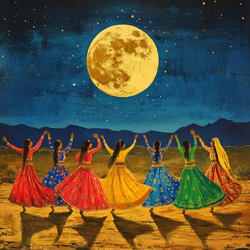 A vibrant musical piece that blends traditional hindustani rhythms with mystical melodies, capturing the essence of a desert evening dance. The fast paced tabla rhythms intertwined with sitar strains create an energetic and mesmerizing experience.