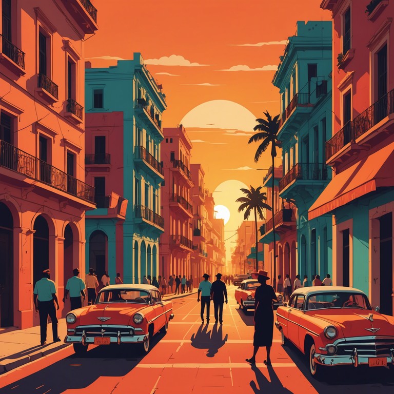 Imagine the fiery hues of a sunset over a bustling havana street, where the sounds of congas and claves set the ambiance, mixed with the melodious strums of a classical guitar. This track captures the heart and soul of a festive evening. Each note offers a taste of freedom and spice characteristic of the latin spirit.