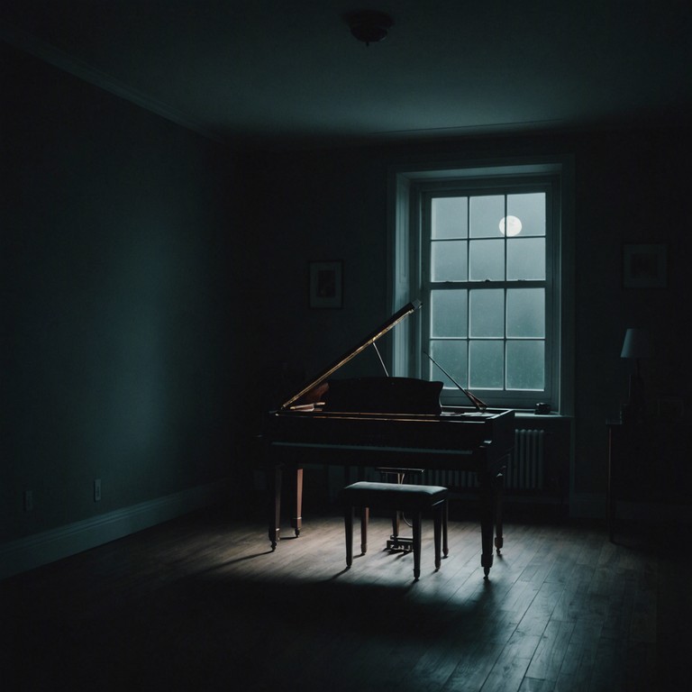 In a somber room, a single piano breaks the silence, playing a haunting melody that tells tales of lost memories and quiet despair. The composition weaves through cascading minor keys, creating echoes that seem almost like whispers from the past, seeking solace or perhaps forgiveness, in the deep tranquility of night.