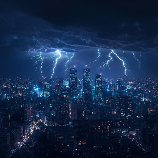 Imagine a bustling nocturnal cityscape, awash in neon and pulsing with the aggressive energy of hard hitting electronic beats. As thunder roars, the scene is set for an auditory journey through a landscape of both awe and intimidation, highlighted by the rhythmic pounding of a distorted electronic bass.