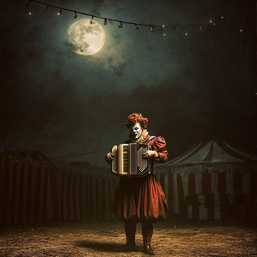 A haunting instrumental combining sorrowful accordion waltz with whimsical nuances, evoking the image of a lonely clown performing in an empty circus. The music weaves melancholic harmonies with quirky rhythms, creating a bittersweet atmosphere of nostalgia and longing.