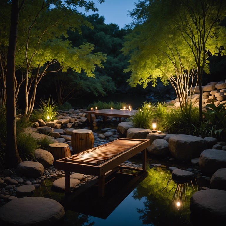 Imagine stepping into a serene, secret oasis where the soft, intimate vibes of tropical music fill the air, transporting you to a peaceful evening under starlit skies. The gentle melodies flow smoothly, perfectly syncing with the natural ambiance of a lush retreat.
