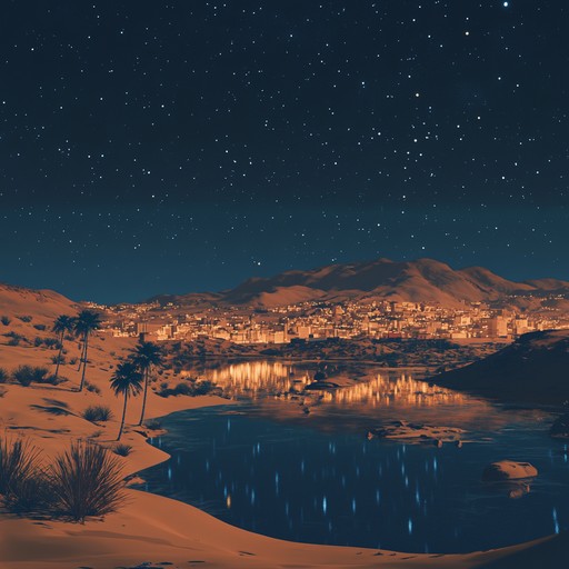 An instrumental track blending ambient ambience with middle eastern melodies, creating an ethereal atmosphere that transports listeners to a tranquil desert oasis under the stars.