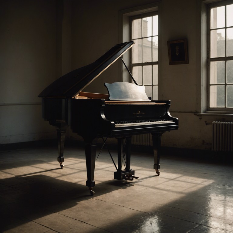 Imagine an old, grand piano in the center of an abandoned hall, with moonlight casting long shadows through broken windows, the music a gentle echo that fills the vast, empty space with a warm presence.