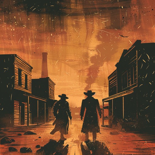 Picture the intense build up to a no holds barred showdown between two outlaws. Dust swirls and shadows loom as electrifying guitar riffs echo through the desolate streets, embodying the fierce rebellion and unwavering resolve of the dueling spirits.