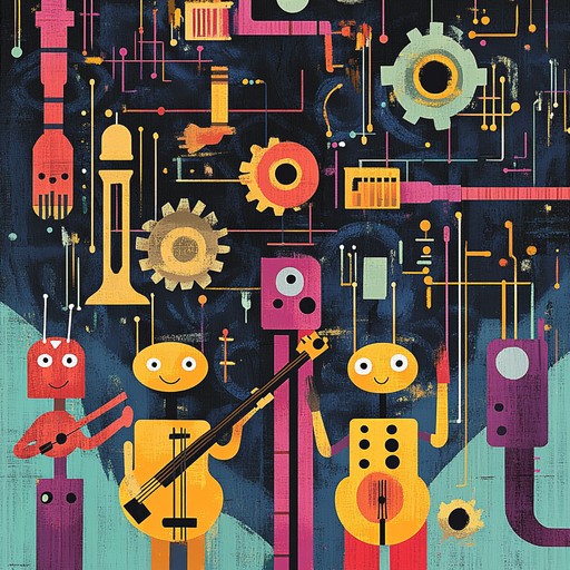 An instrumental piece combining playful sounds from toy instruments and gadgets with energetic electronic beats, creating a vibrant and whimsical soundscape reminiscent of a mechanical wonderland.