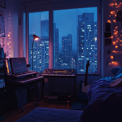 An instrumental piece combining mellow lo fi beats and atmospheric sounds to reflect the quiet energy of a city at night, blending intimate bedroom pop vibes with the ambiance of urban landscapes.