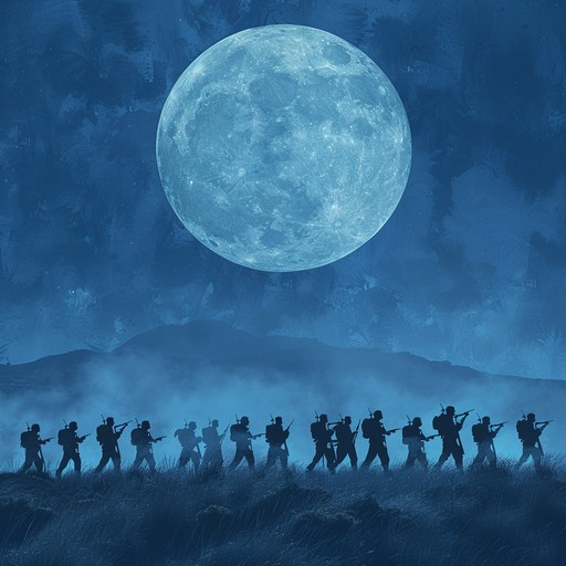 Visualize a spectral army rhythmically marching under a moonlit sky, their ghostly forms barely visible. The composition utilizes eerie, dissonant harmonies against a precise military drum pattern, evoking the feeling of haunted warriors who eternally march