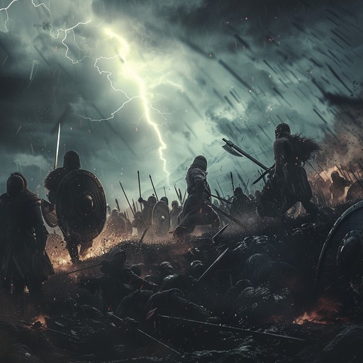 An orchestral epic piece with furious intensity, capturing the fury and raw emotion of battle. Featuring powerful brass and strings, the music builds towards a dramatic climax with thunderous percussion. It's a piece that echoes the chaos and determination of warriors fighting valiantly.