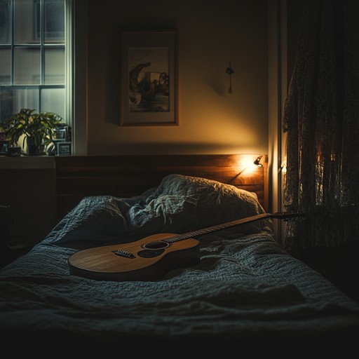 An intimate piece with hushed melodies, reflecting an atmosphere of quiet rebellion in a lonely bedroom. The track features muted acoustic guitar riffs, layered with soft electronic beats and sparse piano notes, conveying a sense of introspective revolt.